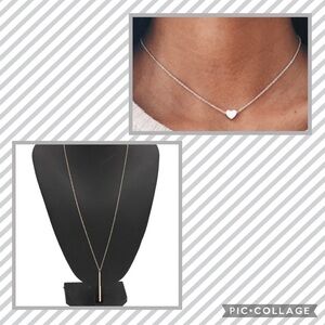 Silver layered dainty heart bar two necklace set minimalist boho classic